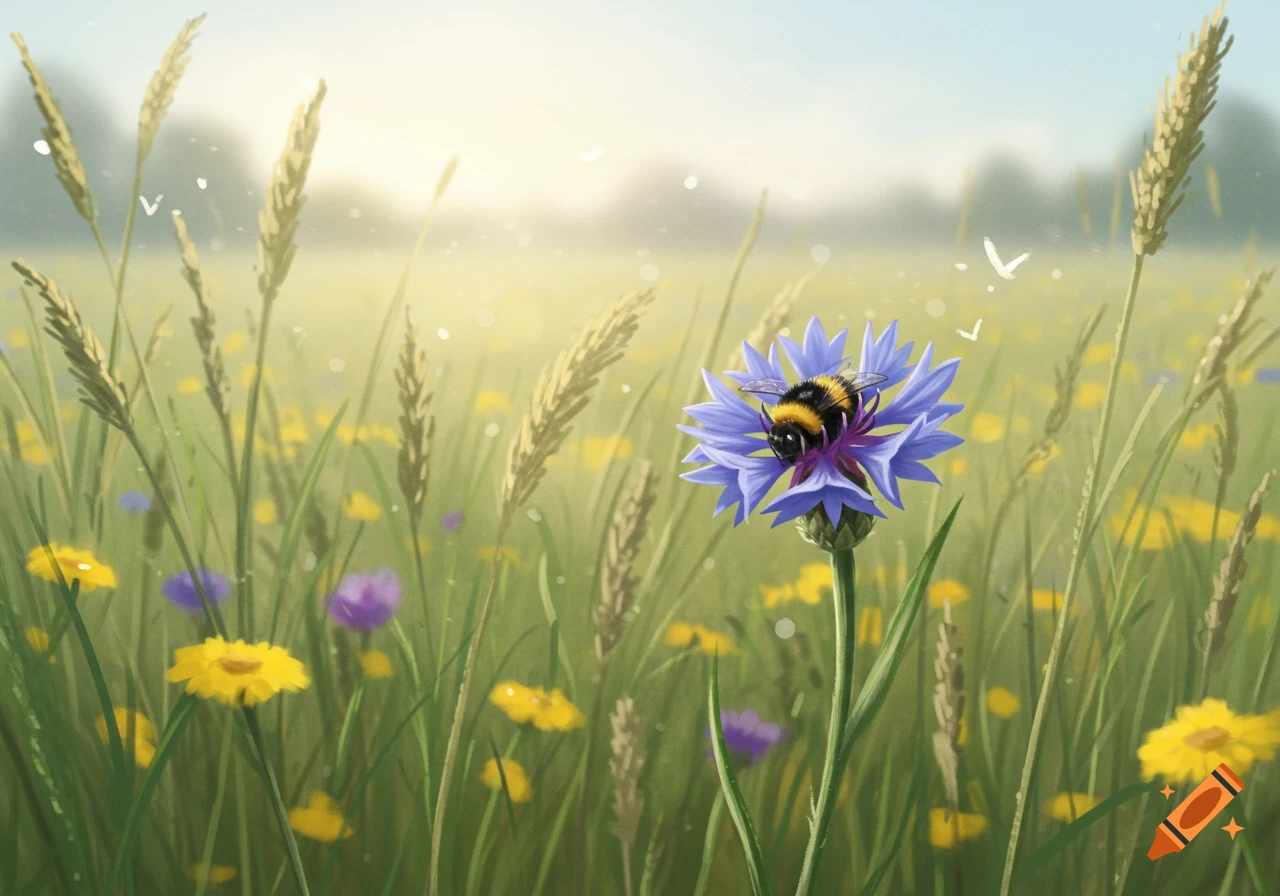 A bumblebee rests on a vibrant blue cornflower in a sunlit meadow filled with tall grass and wildflowers.