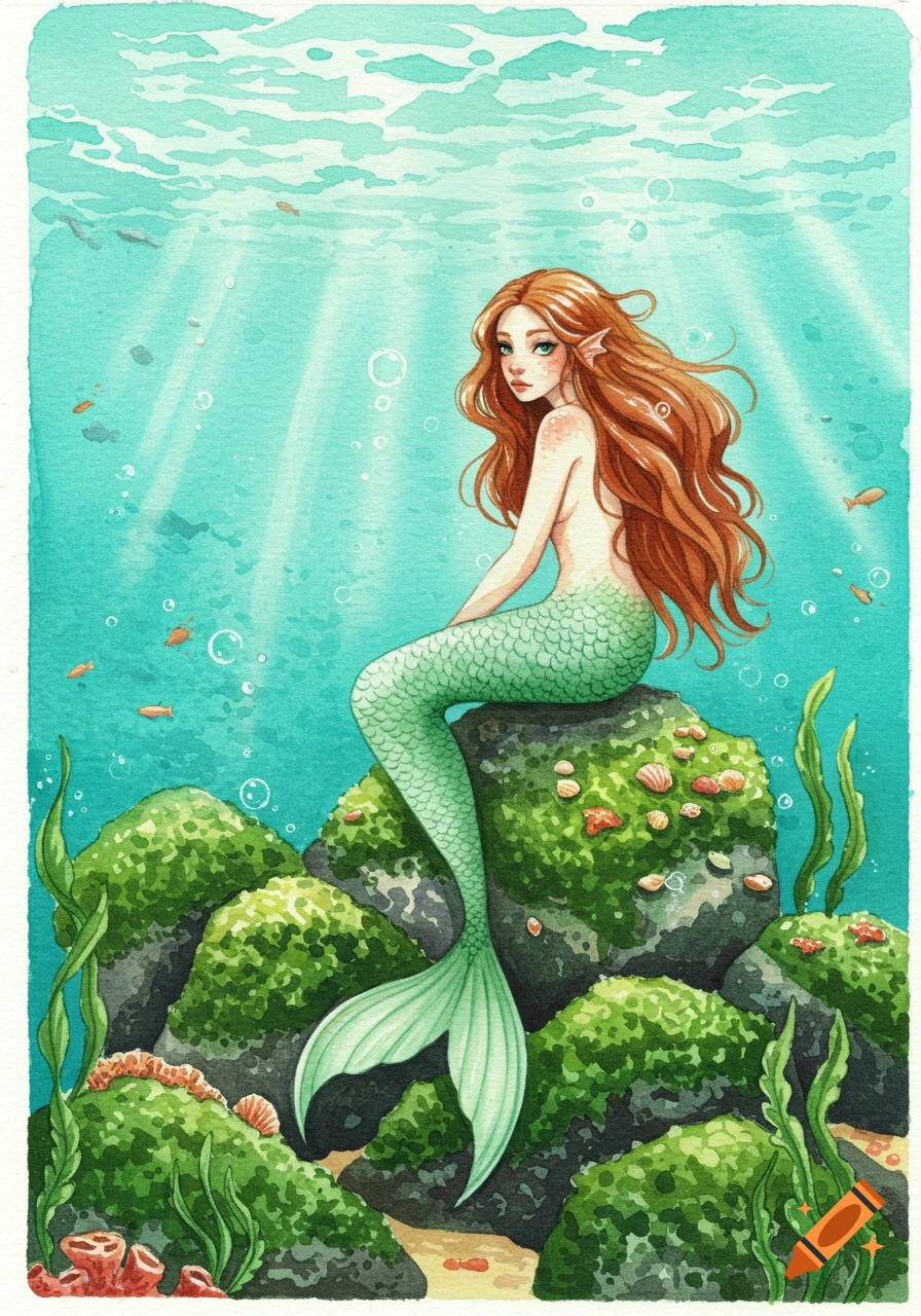Red-haired mermaid with green tail sitting on mossy rocks underwater in a vibrant watercolor style.