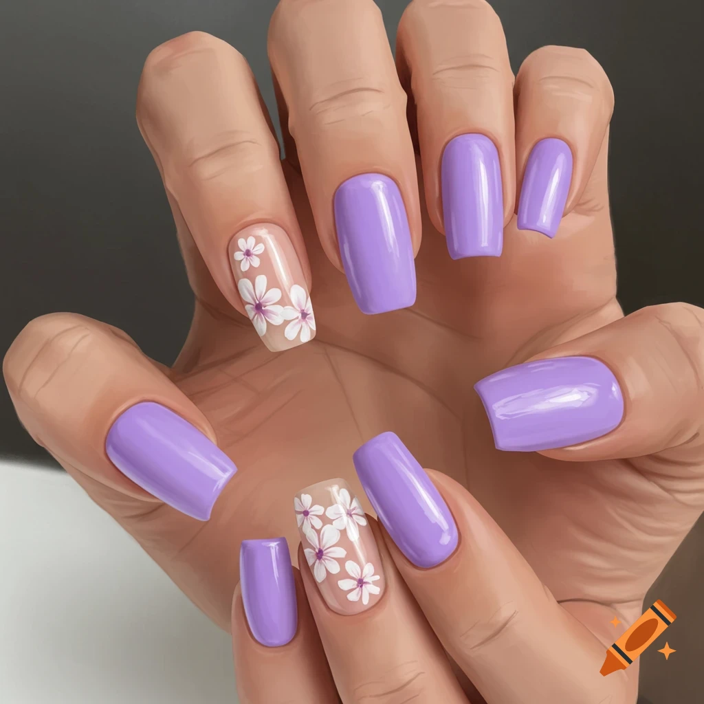 Close-up of a hand with long, square-shaped, light purple nails, with the ring finger featuring white floral nail art on a clear base.