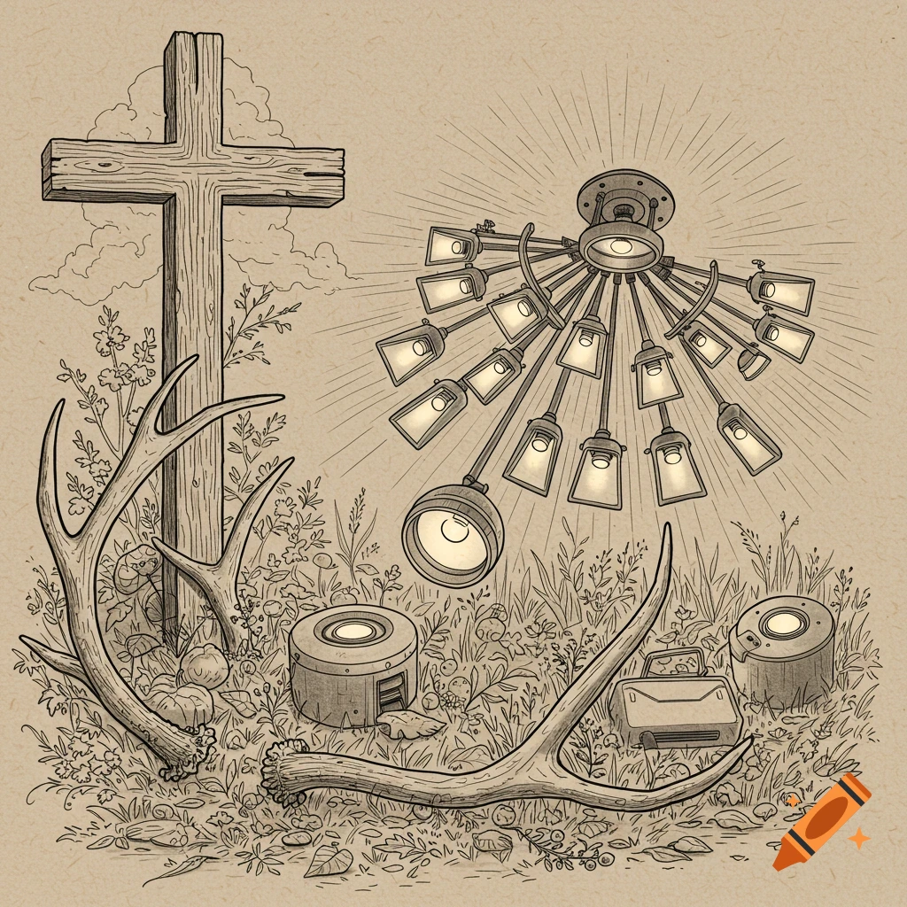 Detailed line art illustration featuring a wooden Christian cross, deer antlers, various industrial-style lighting fixtures, and foliage in a rustic, fall setting.