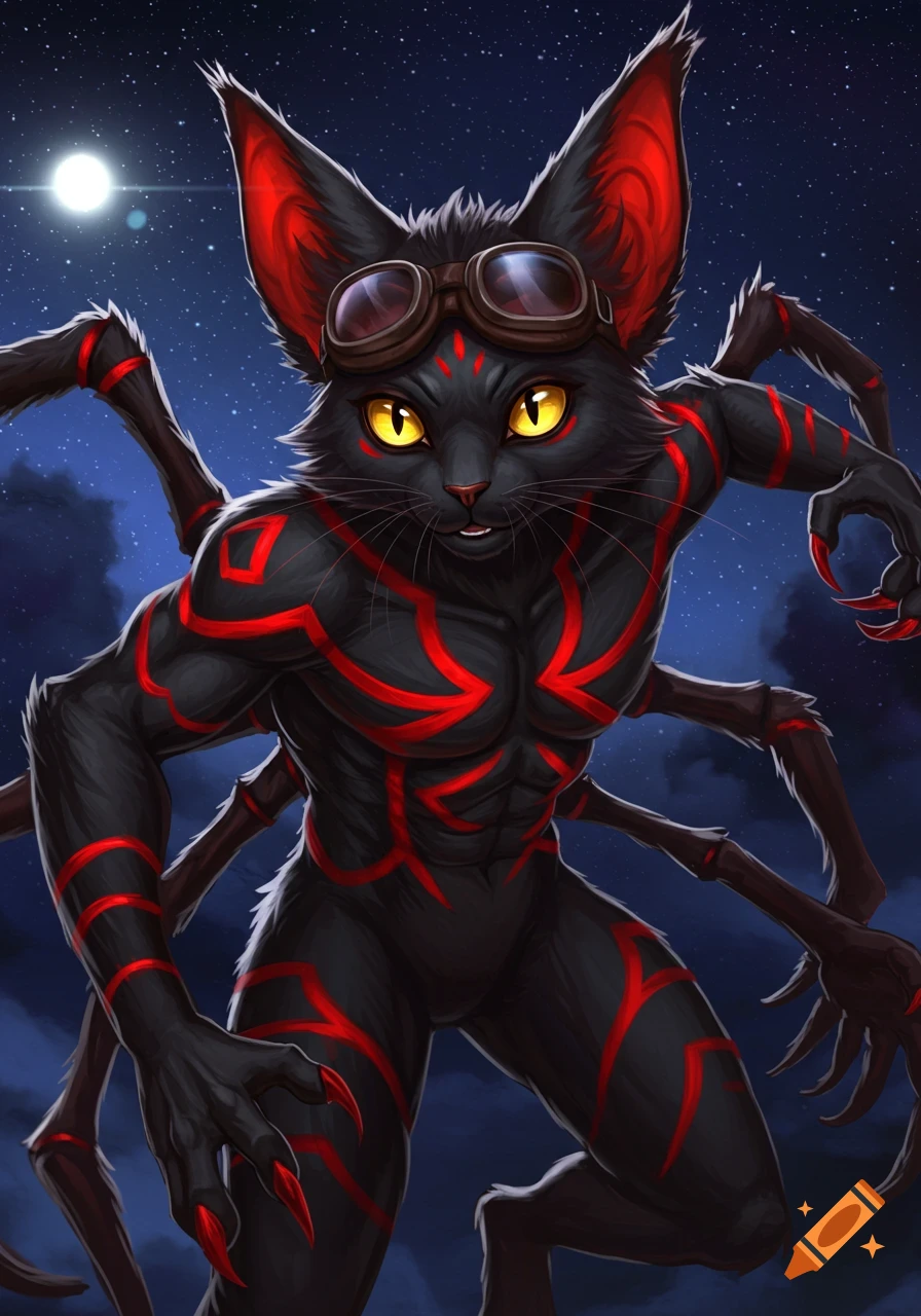 A black and red anthropomorphic furry spider-cat hybrid with glowing yellow eyes and goggles stands against a starry night sky.