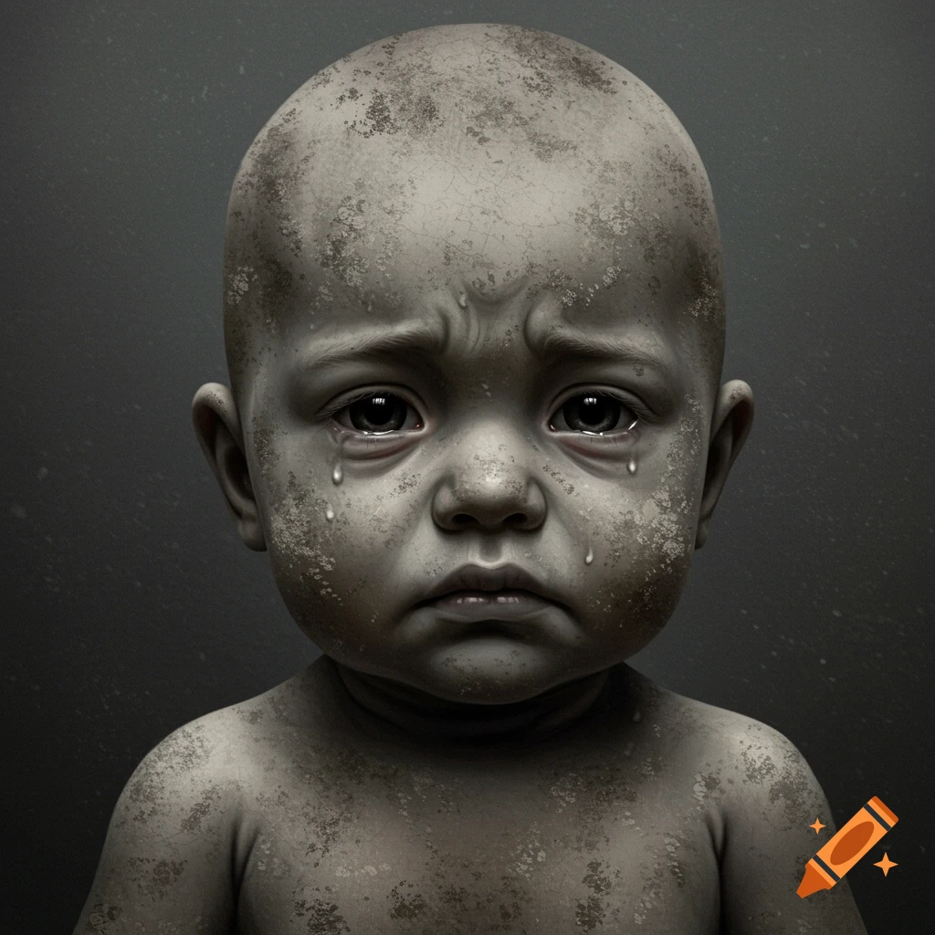 A sad baby with gray, ash-covered skin and tears on its cheeks, looking directly at the viewer.