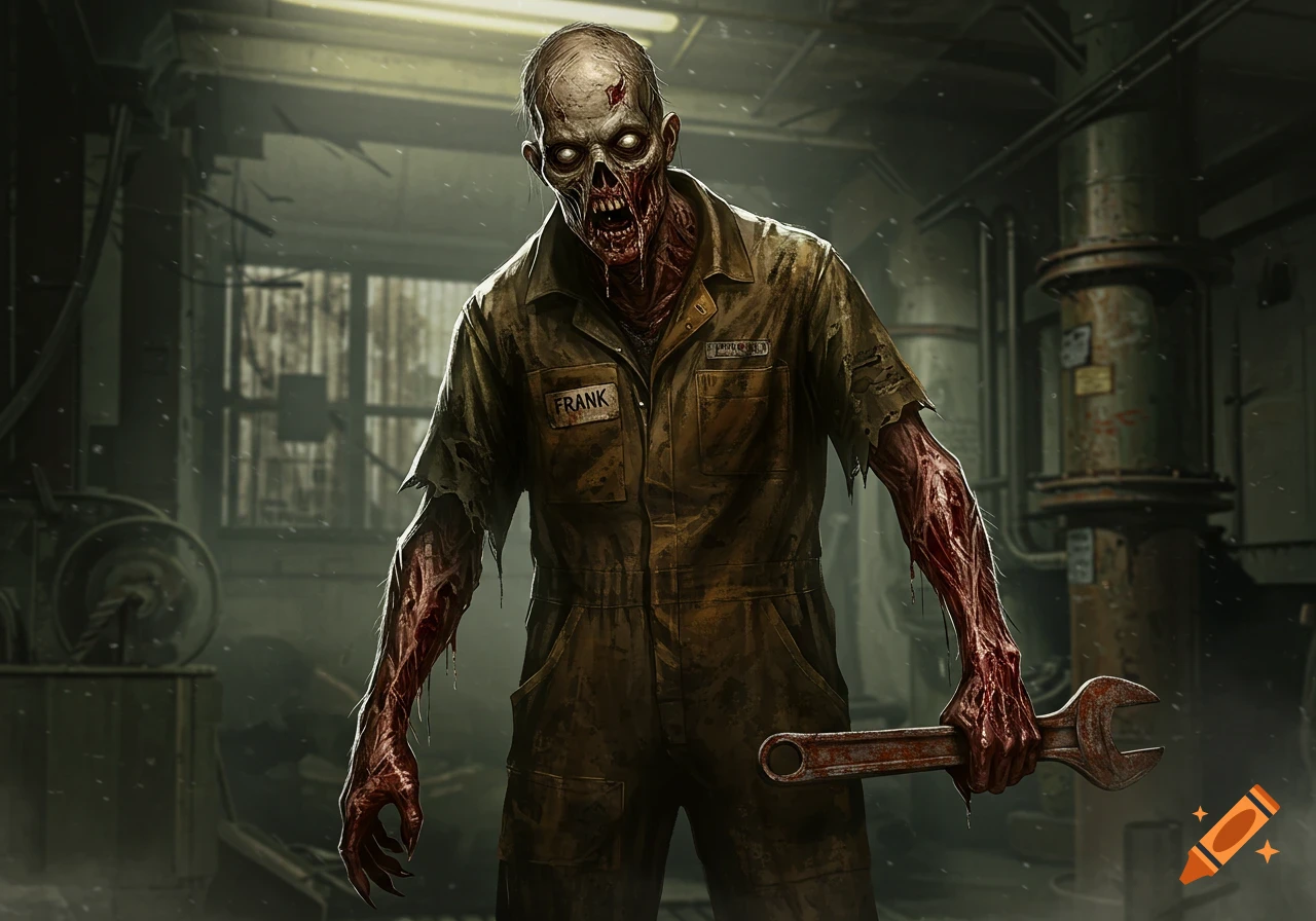 A terrifying zombie in a ripped brown maintenance jumpsuit holds a wrench in a dark, grimy industrial setting.