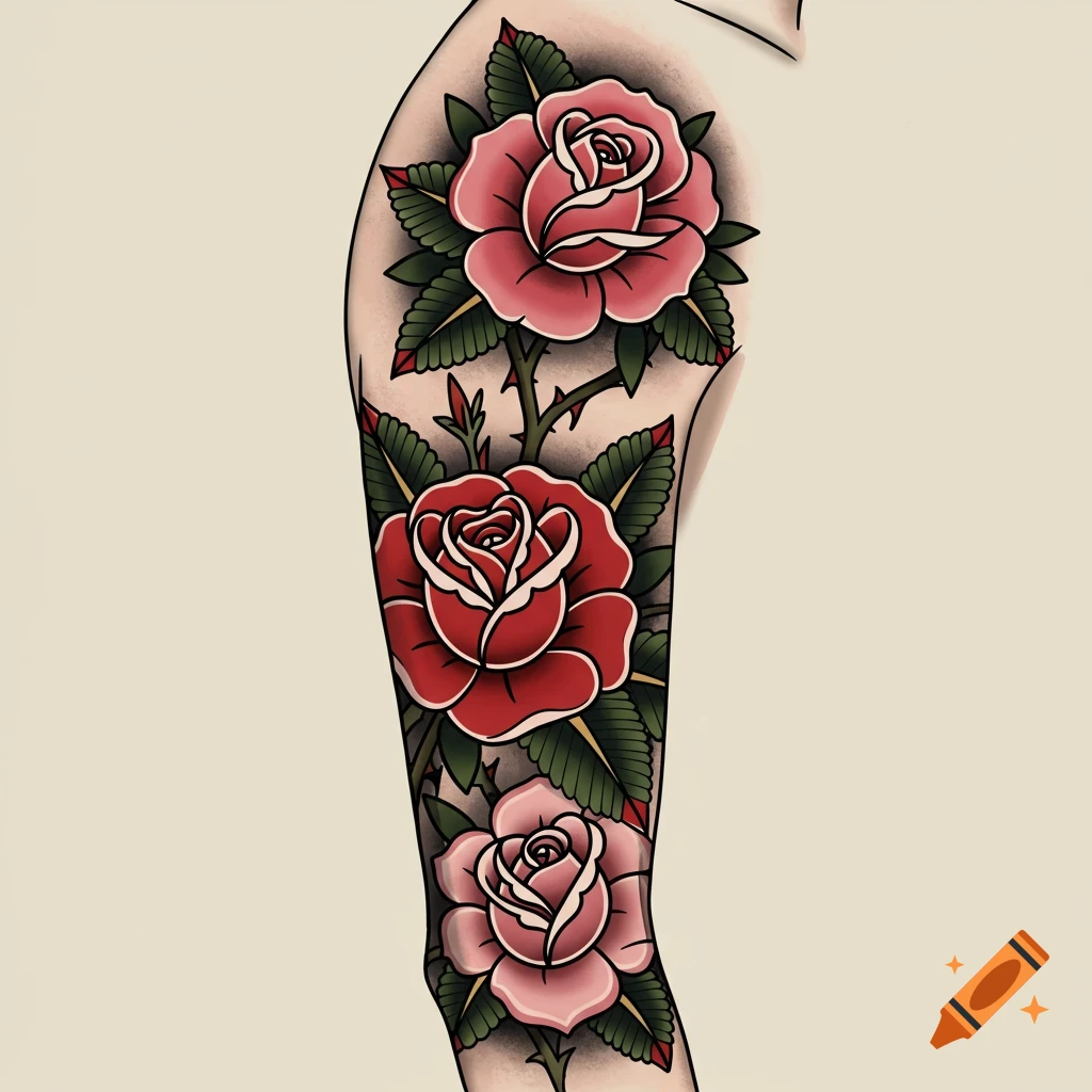 Traditional American style tattoo of red and pink roses with green leaves and thorns on an arm.