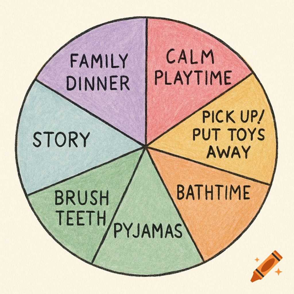 A hand-drawn bedtime routine pie chart with eight colorful sections labeled for activities like "Family Dinner," "Calm Playtime," and "Bathtime."