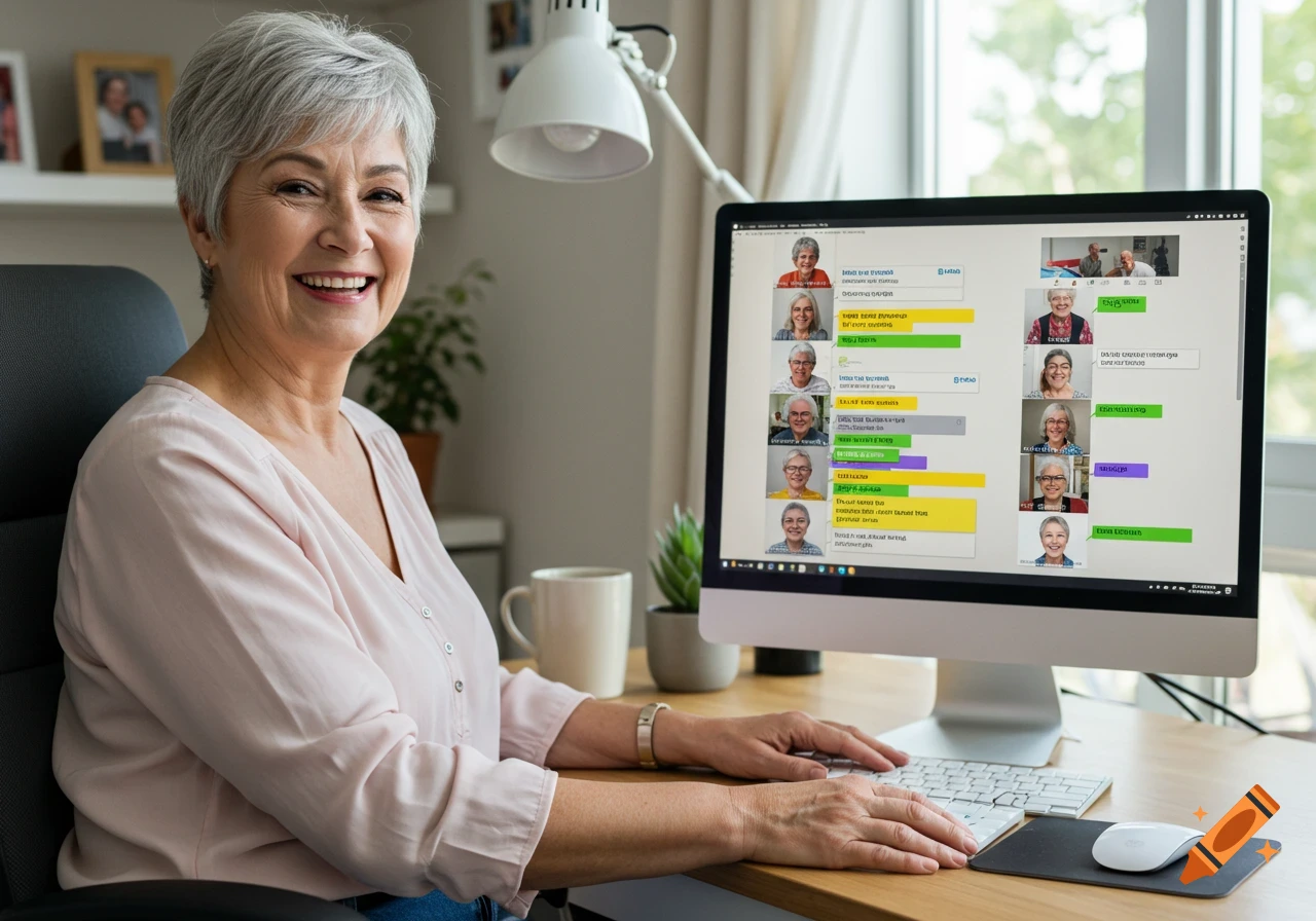 Photorealistic image of a smiling older woman with gray hair sitting at a computer with a screen showing a chat of other seniors.