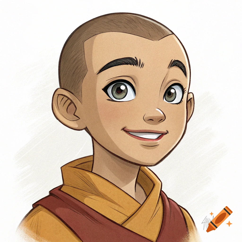 A cartoon portrait of a smiling boy with a shaved head and green eyes, resembling Aang from Avatar.