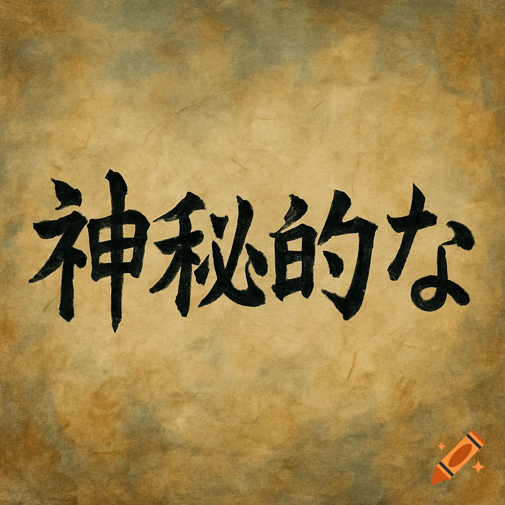 Black Japanese calligraphy characters for 'mysterious' on a textured brown and gold background.