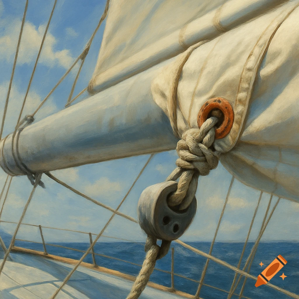 Close-up oil painting of a sailboat's boom, sail, and ropes, with the ocean and sky in the background.