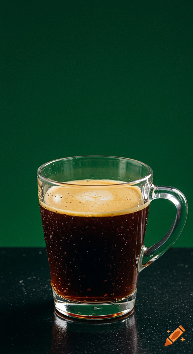 A transparent glass mug filled with dark coffee and a thick layer of crema, covered in water droplets, sits on a dark reflective surface against a solid green background.