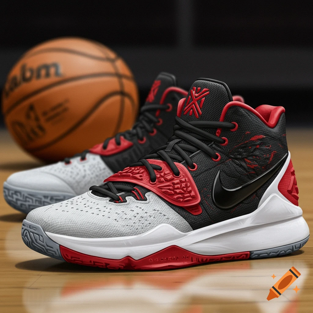 A pair of black, white, and red Nike basketball shoes on a wooden court with a basketball in the background.