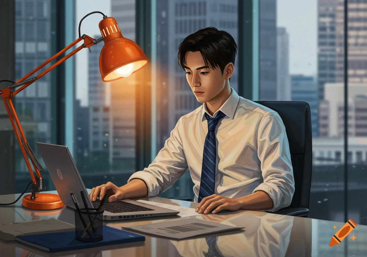 An illustration of a young man in a shirt and tie working on a laptop at a desk under an orange lamp, with city buildings visible through a window.