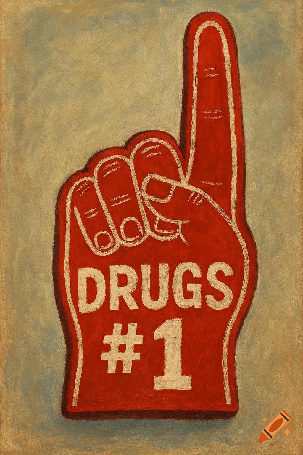 A red foam finger with 'DRUGS #1' written on it, in a pastel art style.