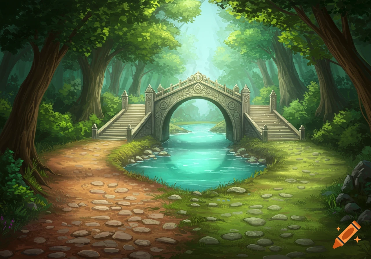 A stone bridge with ornate carvings spans a turquoise river in an enchanted forest, with two winding paths leading to it.