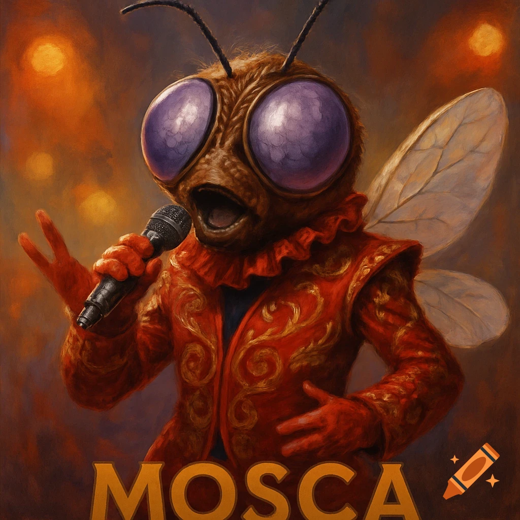Theatrical painting of a fly-headed character in a red ornate jacket singing into a microphone. Text reads 'MOSCA'.
