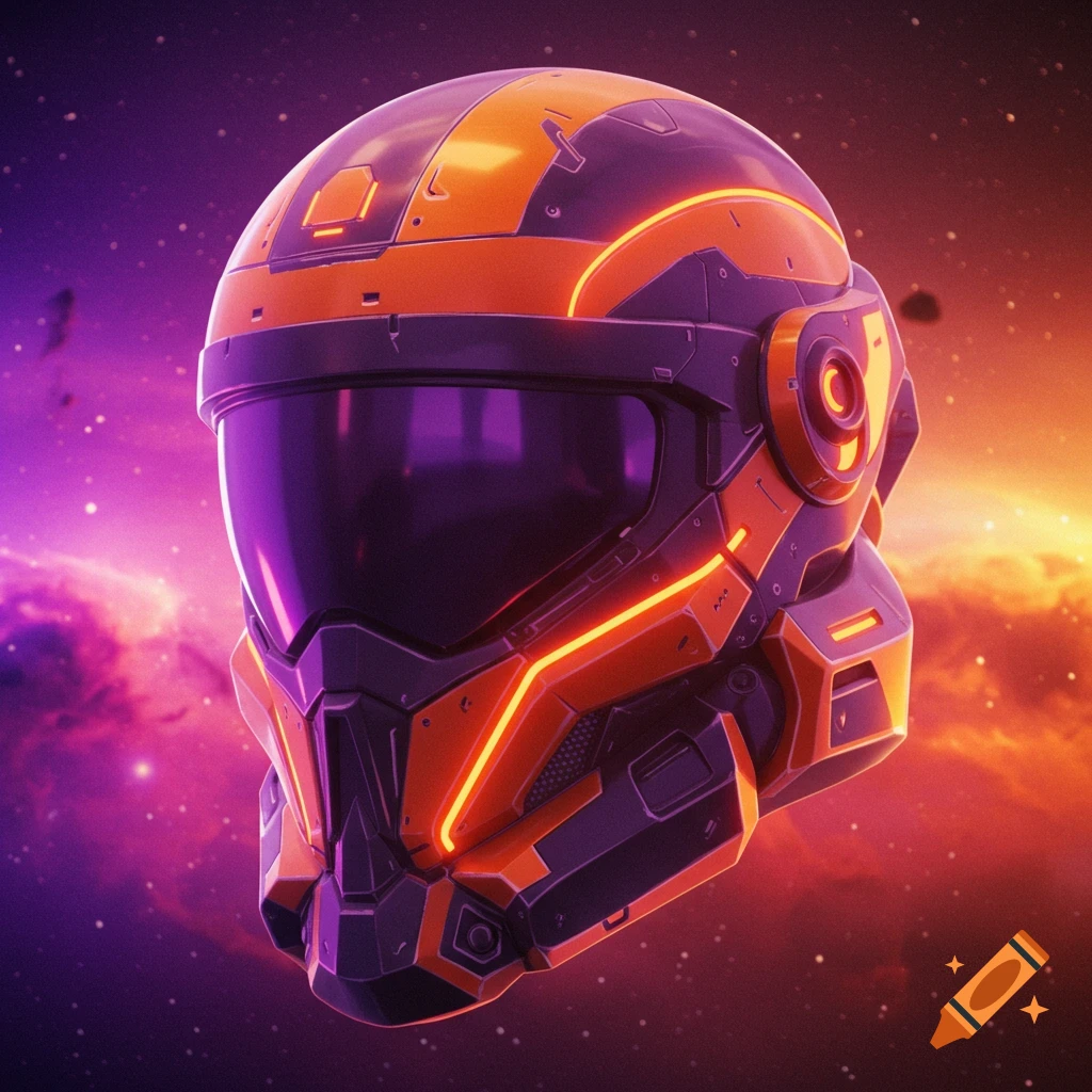 A futuristic orange and purple synthwave-style military space helmet against a vibrant starry galaxy background.