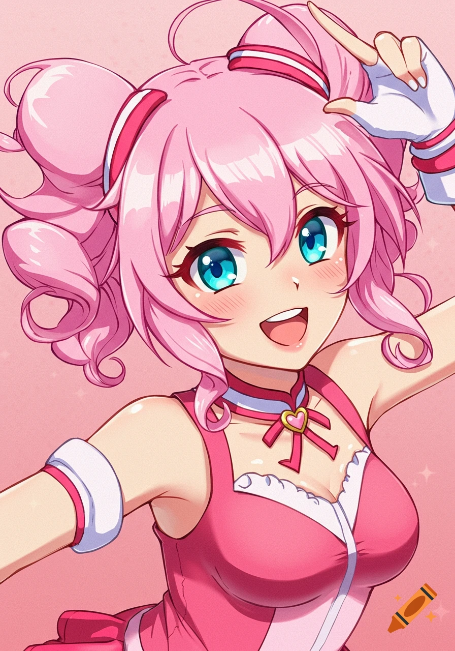 Close-up of a smiling pink-haired anime girl with blue eyes, wearing a pink dress with a heart necklace, in visual novel style.