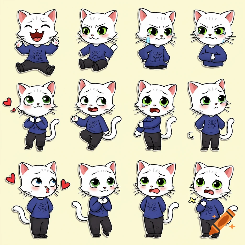 A grid of 12 white chibi cat stickers displaying various emotions and poses.