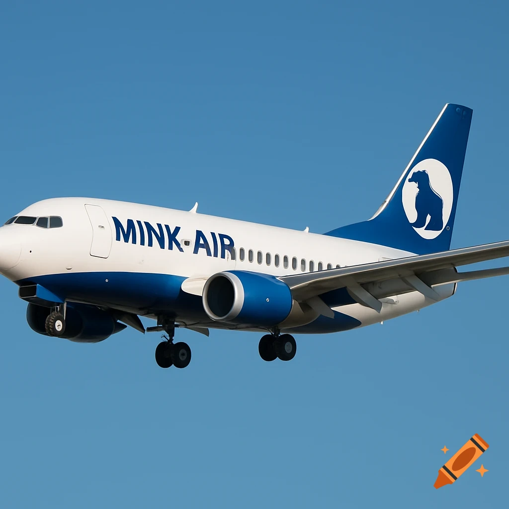 A white and blue passenger airplane with 'MINK AIR' written on its side and a mink logo on its tail flies against a clear blue sky.
