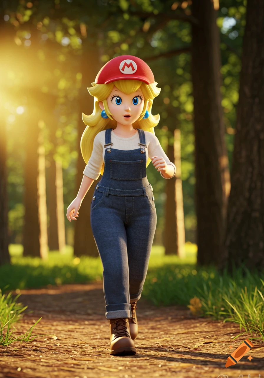Princess Peach in blue overalls and a red Mario hat walks on a sunlit dirt path through a forest.