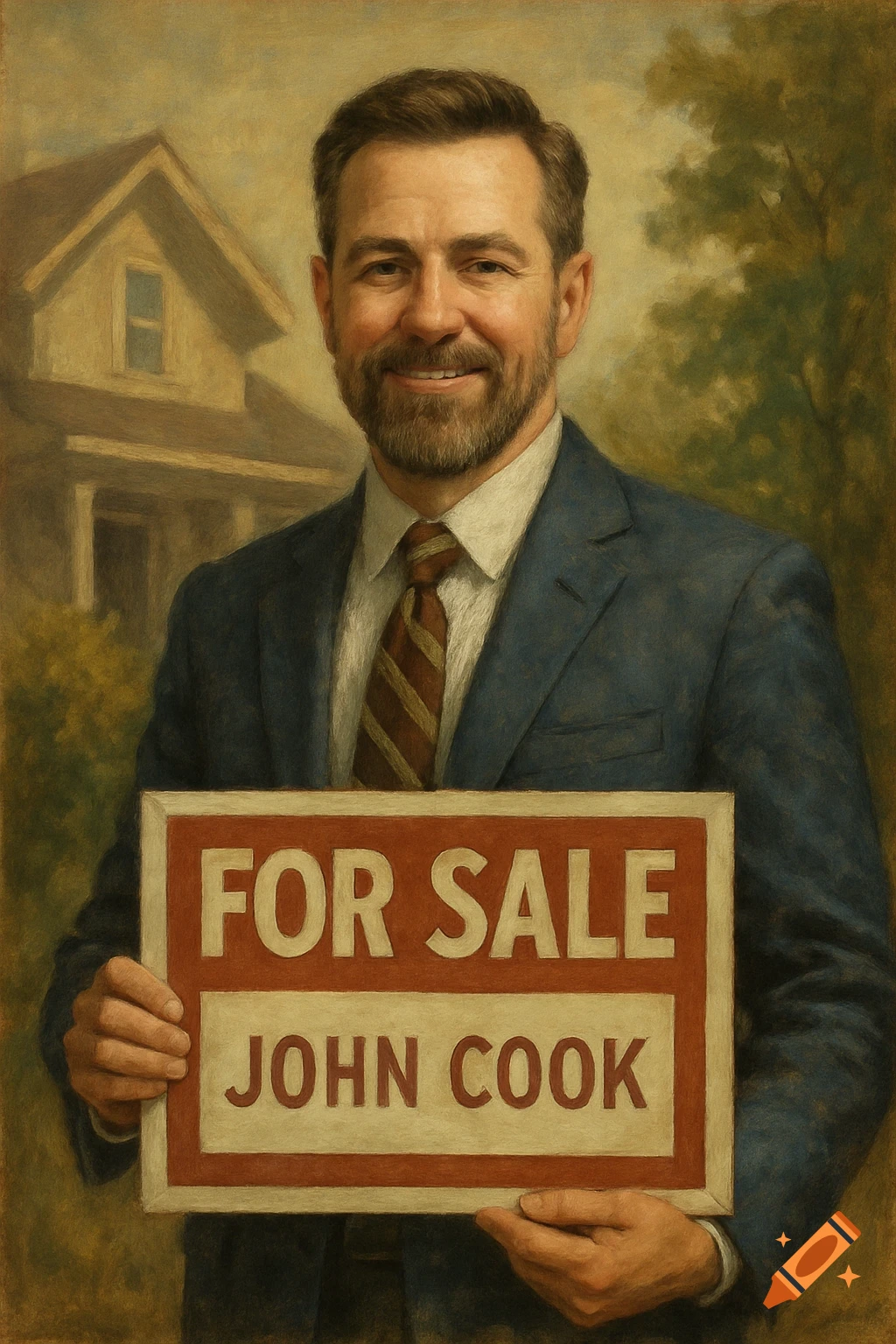 Smiling man in a suit holding a 'FOR SALE JOHN COOK' sign, with a house in the background, in a painterly portrait style.