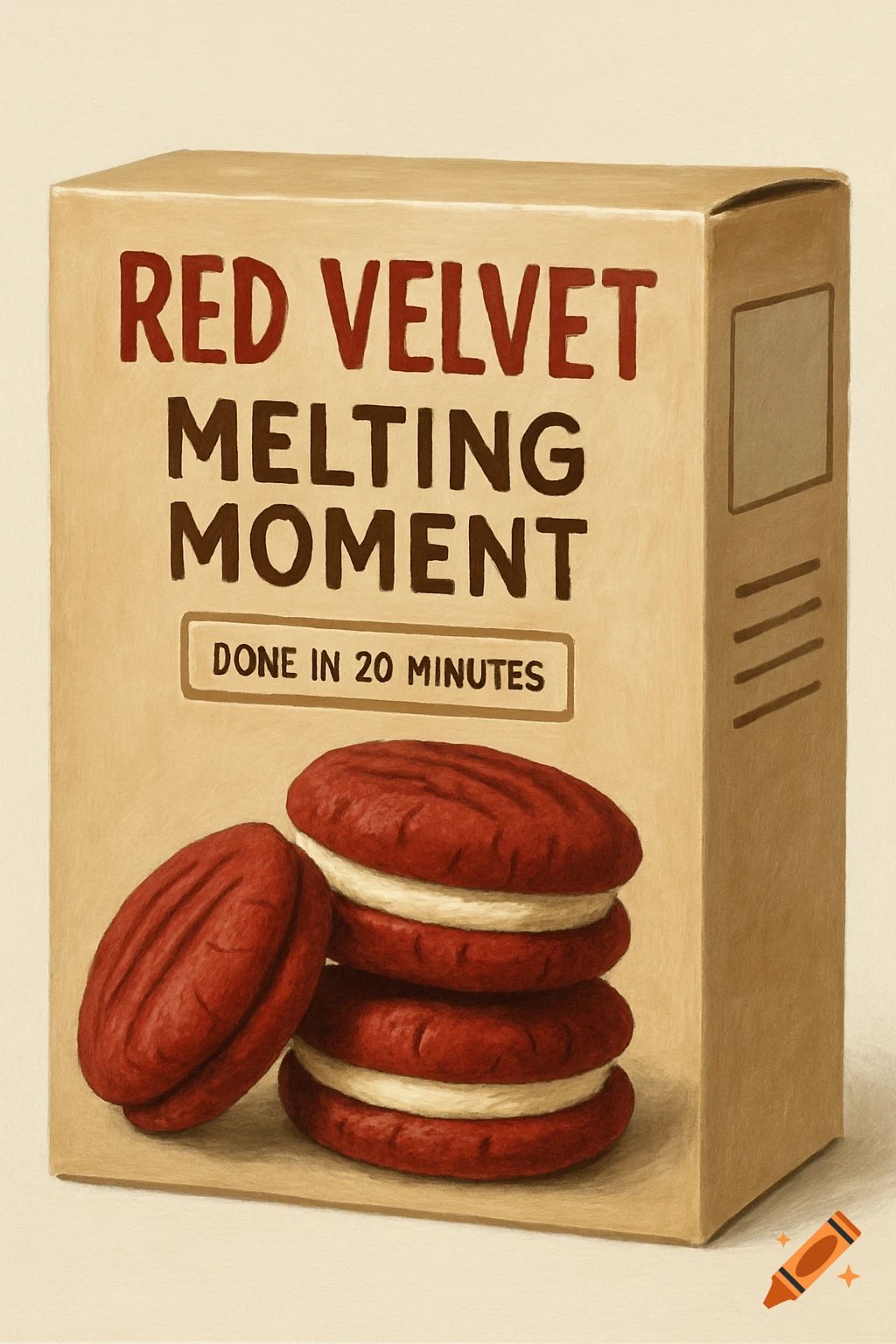 A brown baking mix box for Red Velvet Melting Moment cookies, featuring a stack of cookies and one leaning against it. The box is the main focus, with text saying "RED VELVET MELTING MOMENT" and "DONE IN 20 MINUTES" on the front. The image has a painterly illustration style.