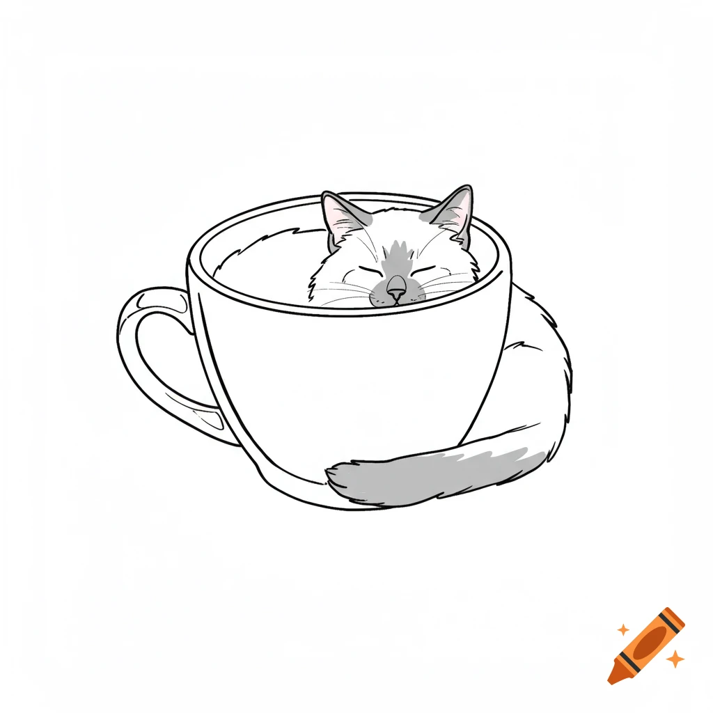 A simple black and white line drawing of a sleeping ragdoll cat curled around a wide-mouthed coffee cup.