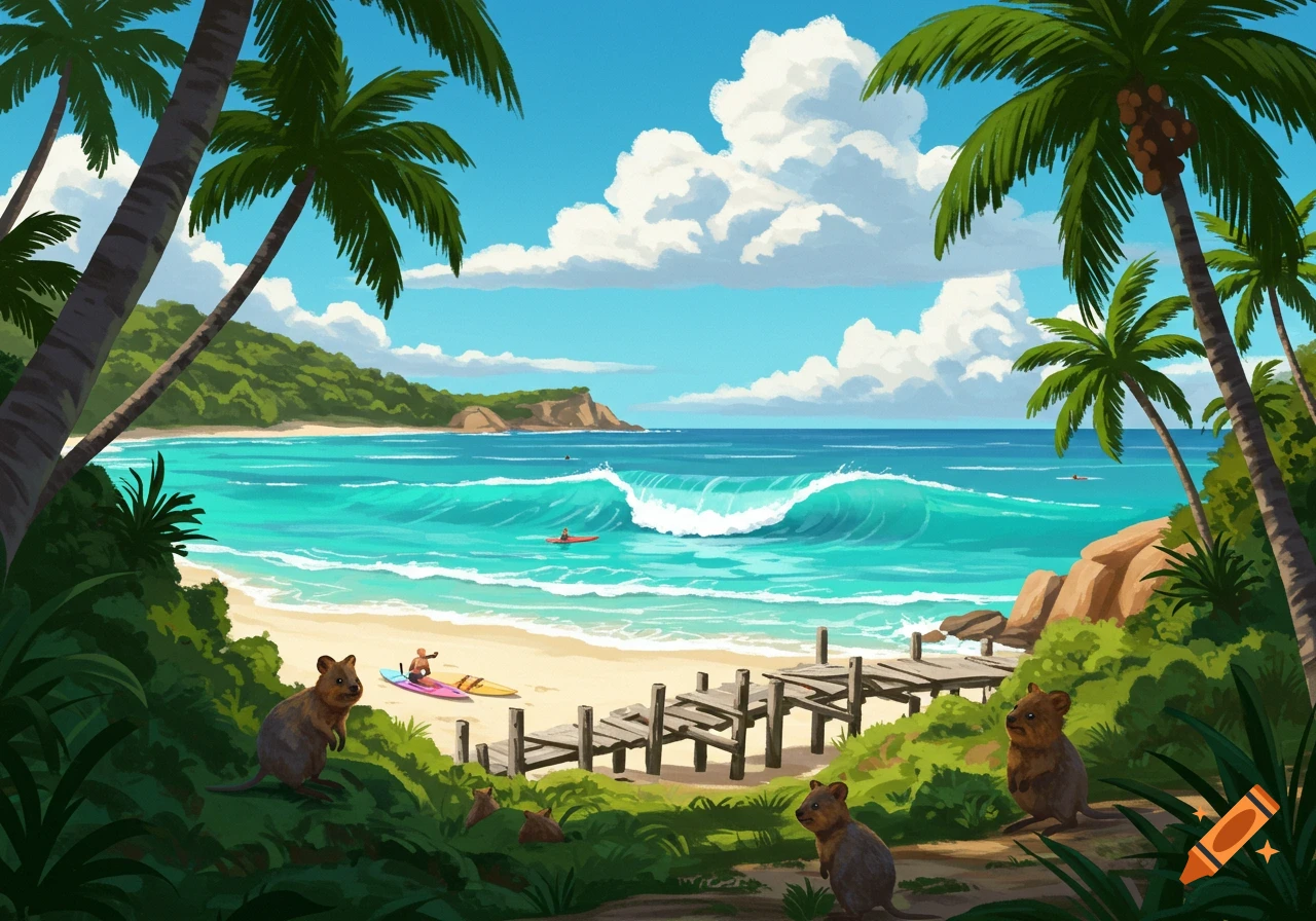 A vibrant illustration of a tropical beach with quokkas, palm trees, blue ocean waves, and a small fishing jetty.