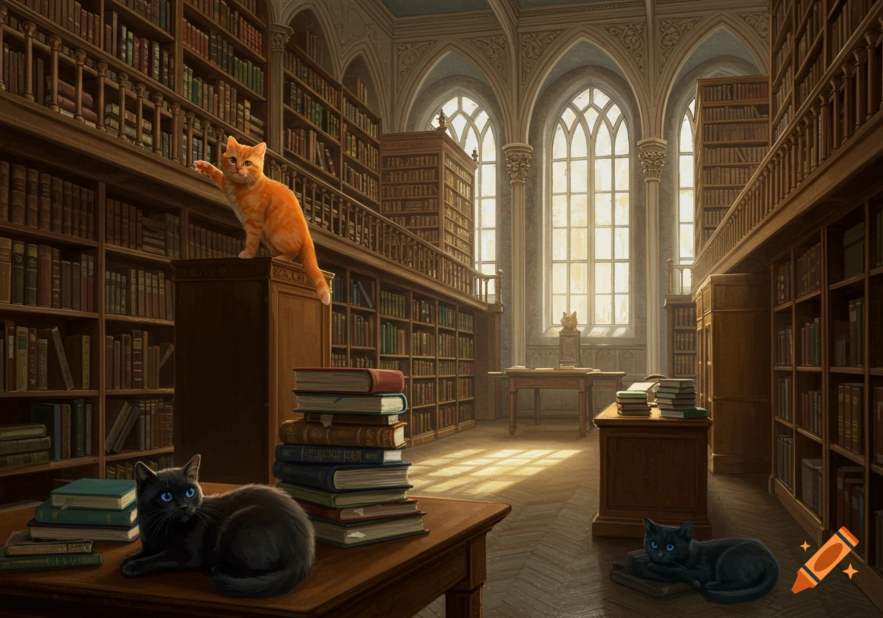 An orange cat on a bookshelf and two black cats in a sunlit, ornate library filled with books.