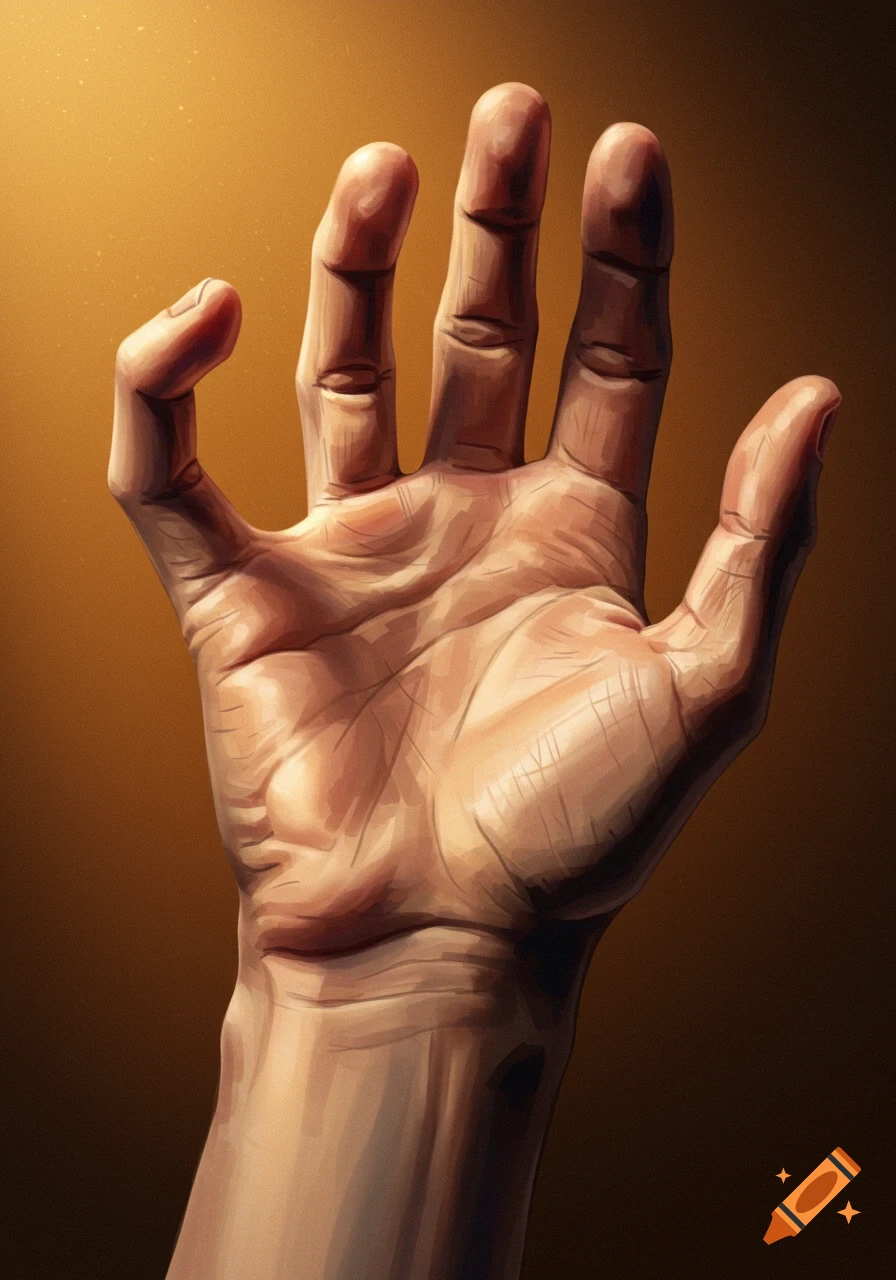 A close-up digital painting of an open human hand, illuminated by a warm light from the upper left, against a dark background.