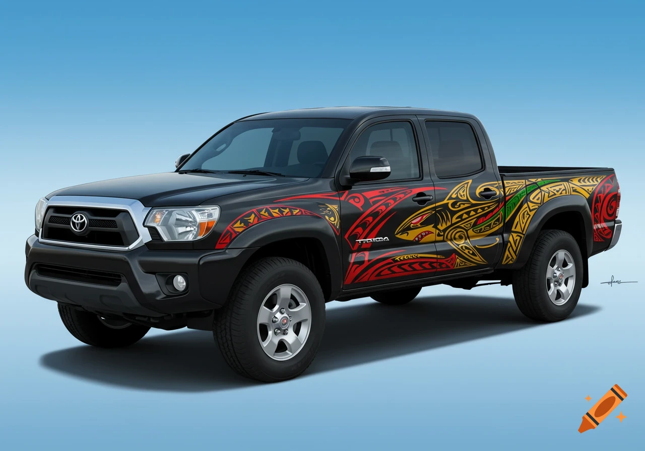 A black Toyota Tacoma pickup truck adorned with a vibrant red, yellow, and green Polynesian tribal shark tattoo on its side.