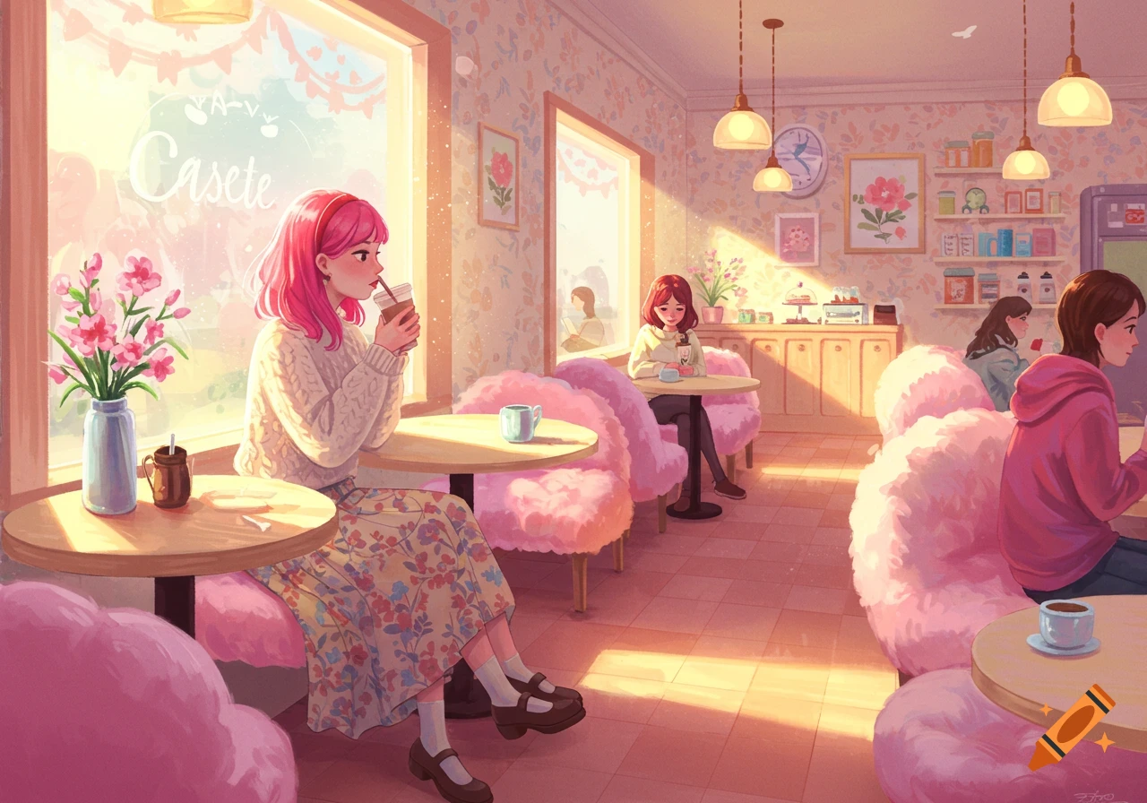 A bright illustration of a cozy, pink-themed cafe with people enjoying drinks and snacks.