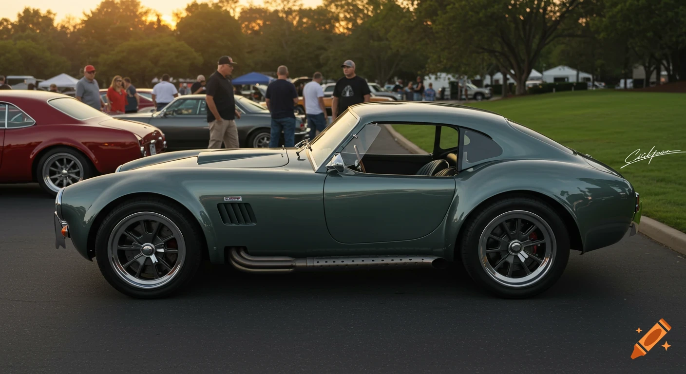 Side profile of a green Shelby Cobra coupe parked outdoors at sunset, with other cars and people in the background.