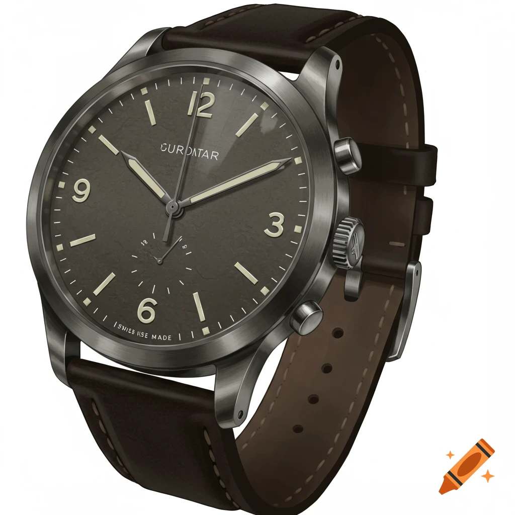 A brown and silver watch with a dark face, light numbers, and a leather strap, shown on a white background.