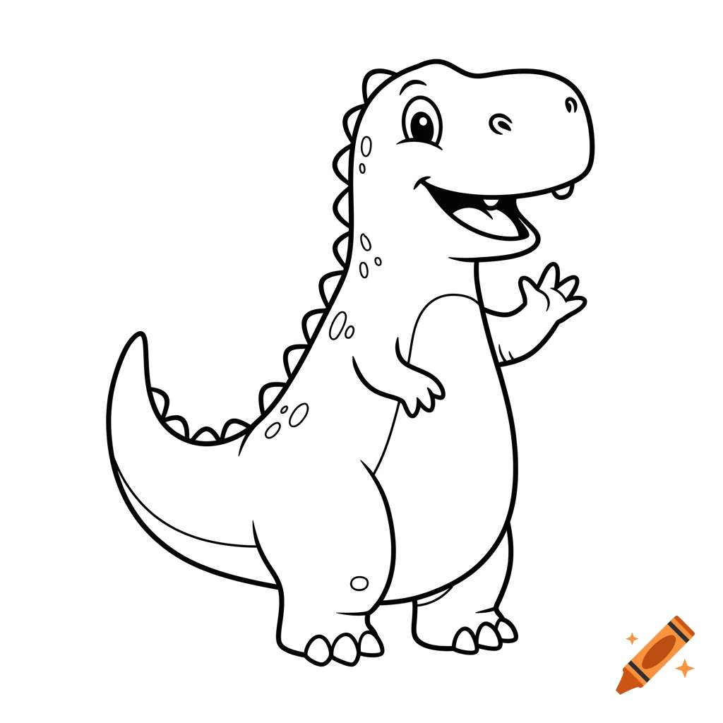 A happy cartoon dinosaur waving, in black and white line art.