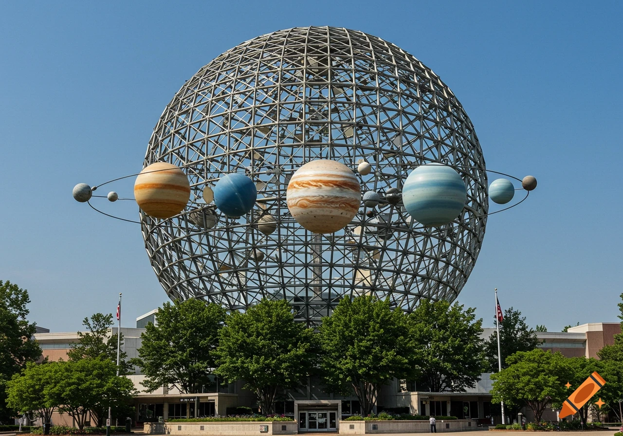 A large, spherical lattice structure with model planets orbiting its equator, set against a clear blue sky above buildings and trees.
