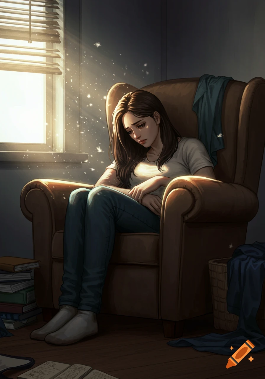 A stylized illustration of a sad young woman sitting in a sunlit armchair by a window, appearing depressed.