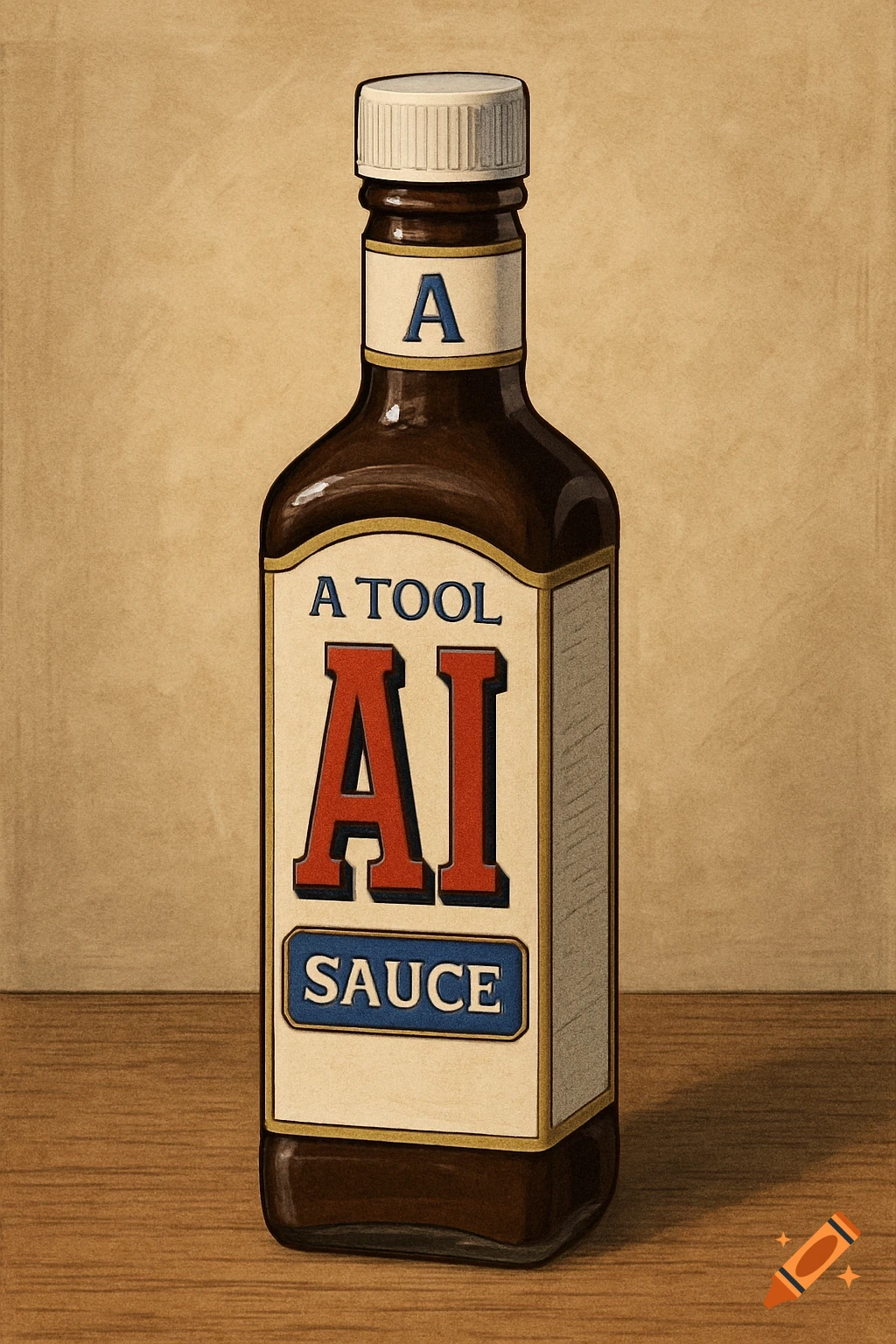 A close-up, stylized illustration of a brown bottle resembling A1 sauce, labeled "A TOOL AI SAUCE" on a wooden table.