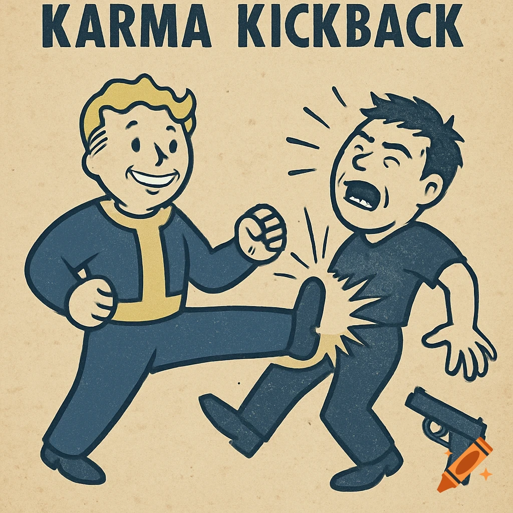 Fallout-style cartoon of Vault Boy kicking a man while a gun lies on the ground, with 'Karma Kickback' text.