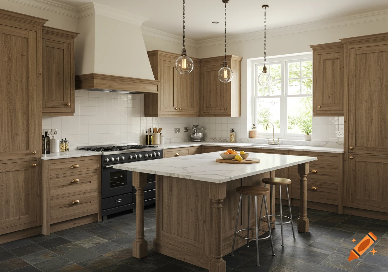 A warm, inviting farmhouse kitchen with reclaimed wood cabinets, a marble island, hanging Edison pendants, and slate tile floors under morning sunlight.