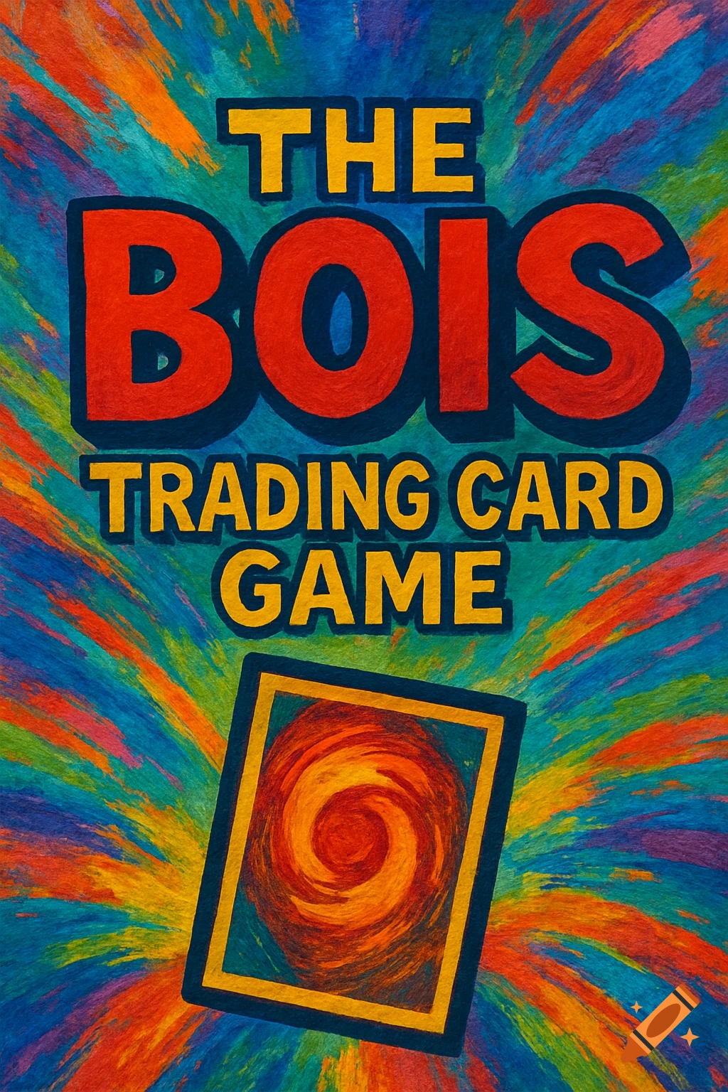 A colorful, vibrant illustration for 'The Bois Trading Card Game' with a swirling abstract background and a stylized trading card.
