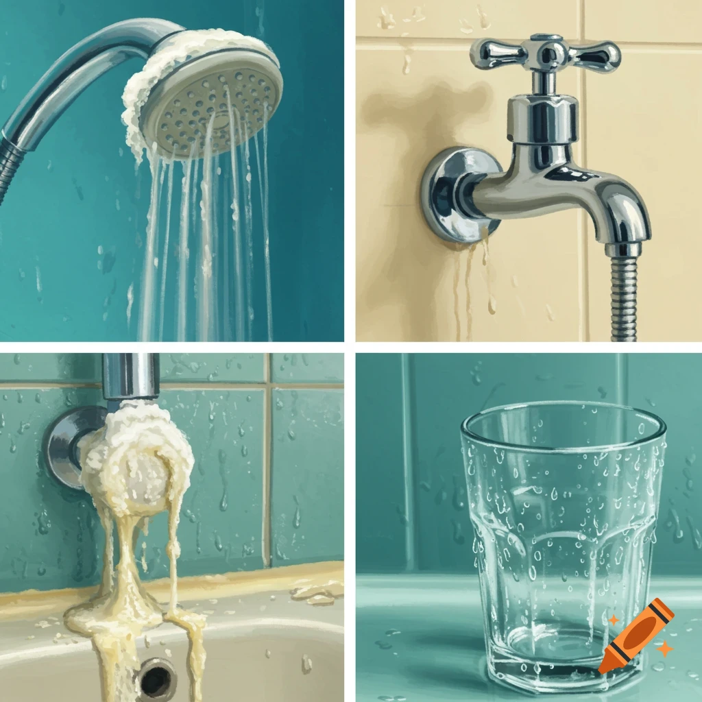 Four panel illustration of household plumbing, showing a shower head, faucet, and glass with hard water mineral buildup.