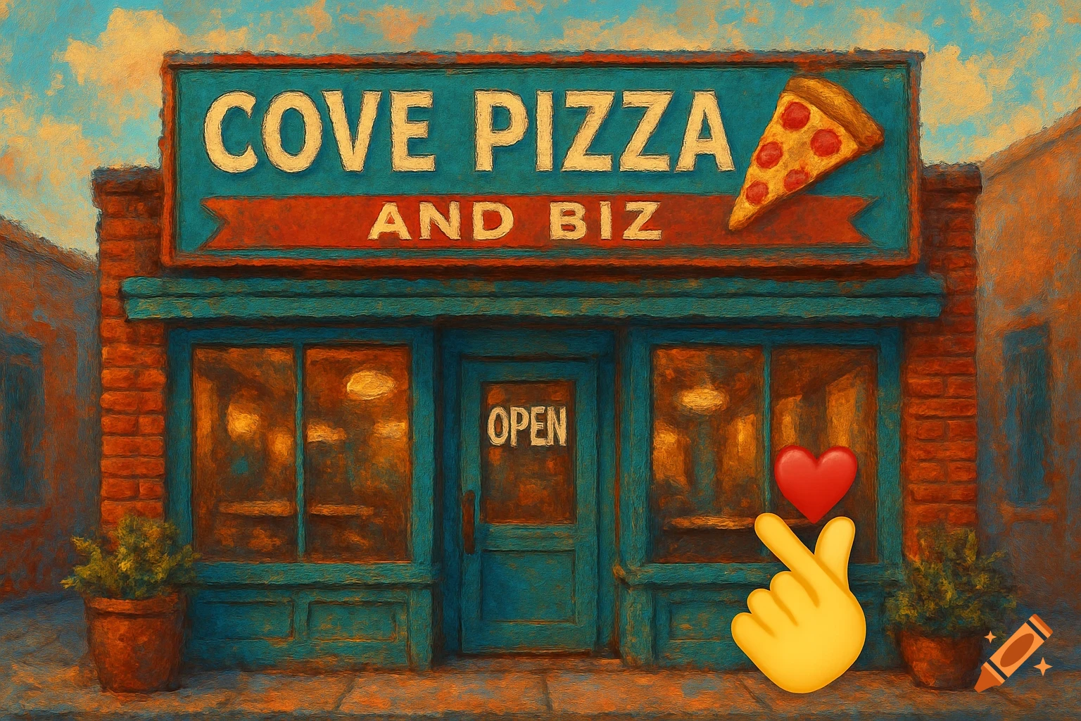 Oil painting of 'Cove Pizza and Biz' restaurant with an 'OPEN' sign and a yellow hand emoji making a finger heart.