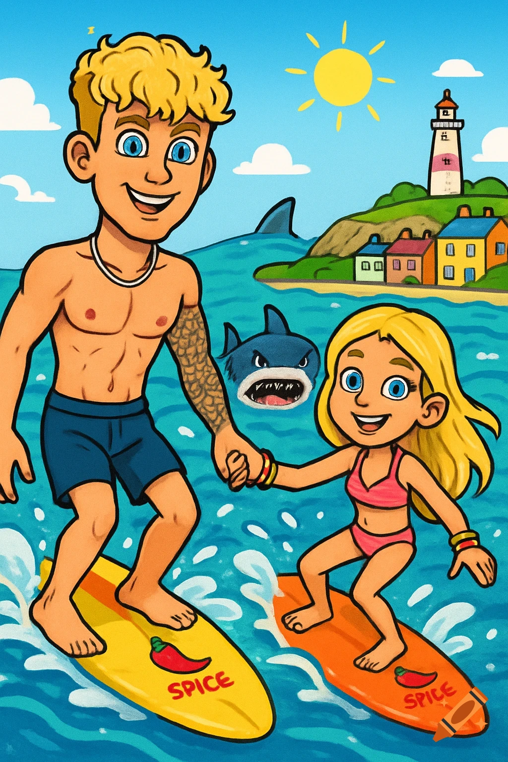 Cartoon illustration of a boy and girl surfing, holding hands, with a shark behind them, and a lighthouse and houses on the distant shore.