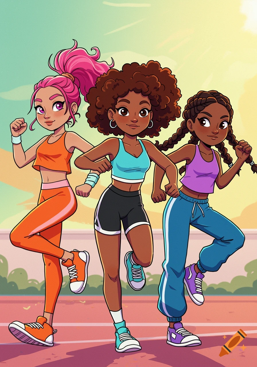 Three cartoon girls in colorful sports clothes pose on a track.