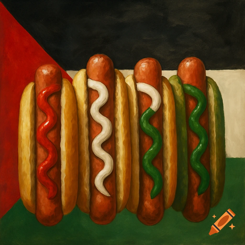 Four hot dogs with red, white, and green condiments against a background resembling the Palestinian flag, in a painted style.