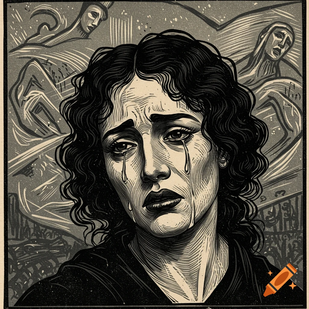 A close-up woodcut print style portrait of a weeping woman with tears streaming down her face, abstract figures in the background.