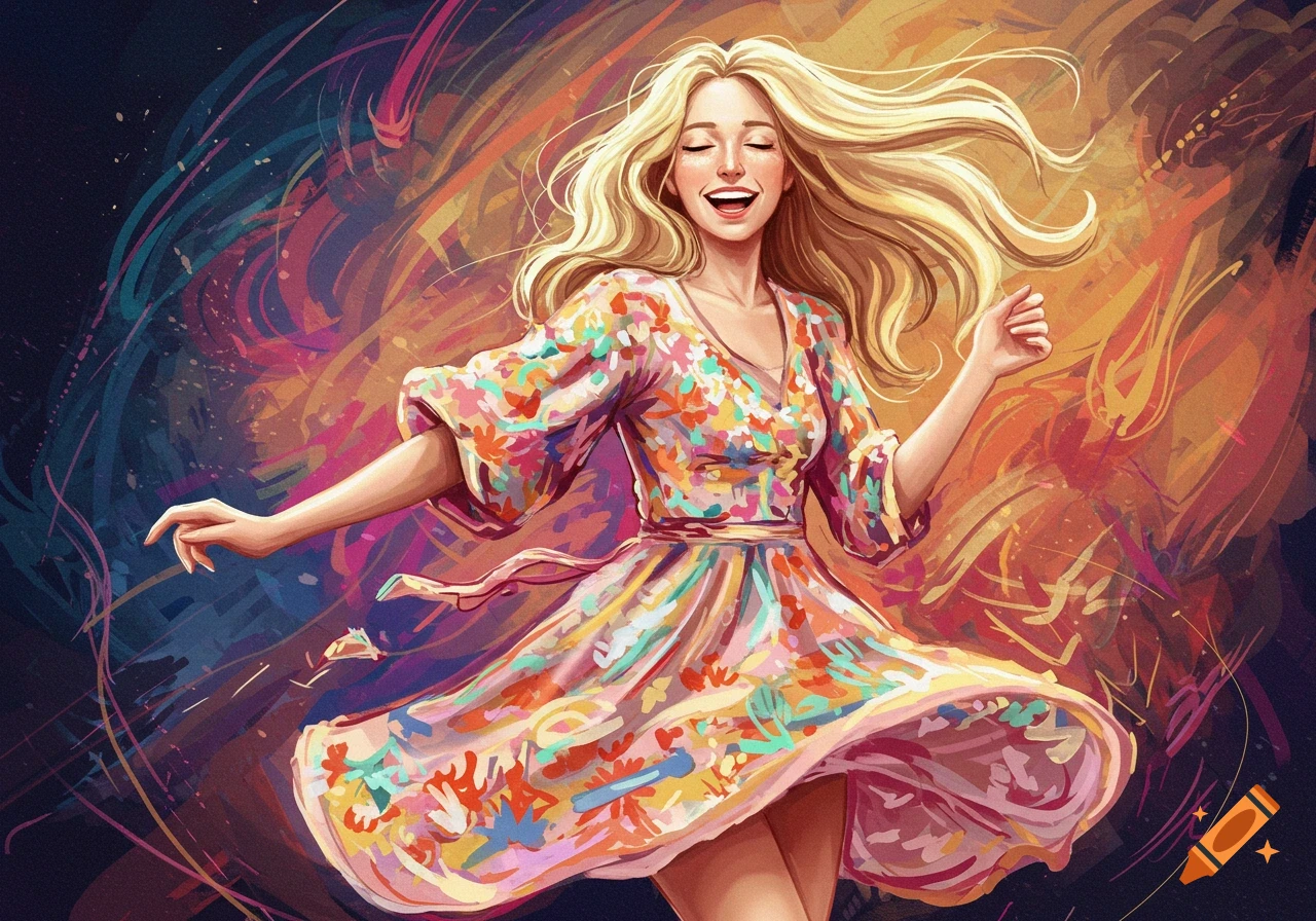 Vibrant illustration of a joyful woman with long blonde hair dancing in a colorful floral dress.