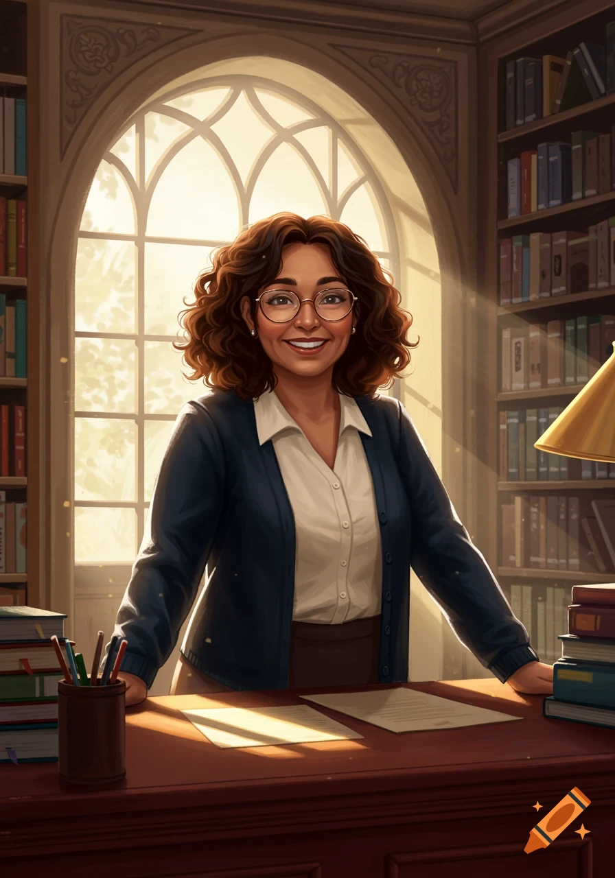 A smiling woman with curly hair and glasses stands behind a desk in a sunny library, surrounded by bookshelves.
