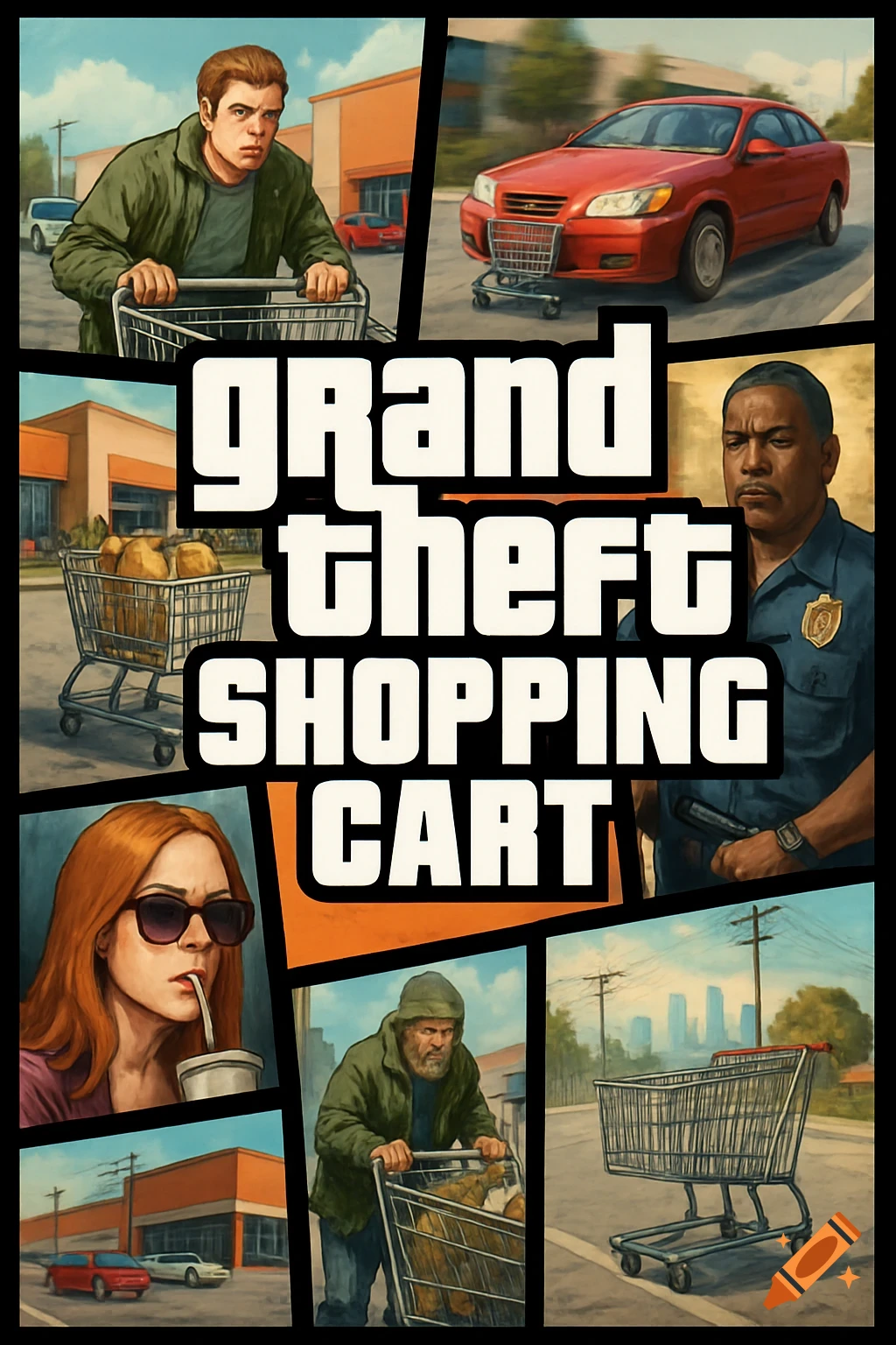 Stylized video game box art parodying Grand Theft Auto, featuring the title 'GRAND THEFT SHOPPING CART' and a collage of urban scenes with people and shopping carts.